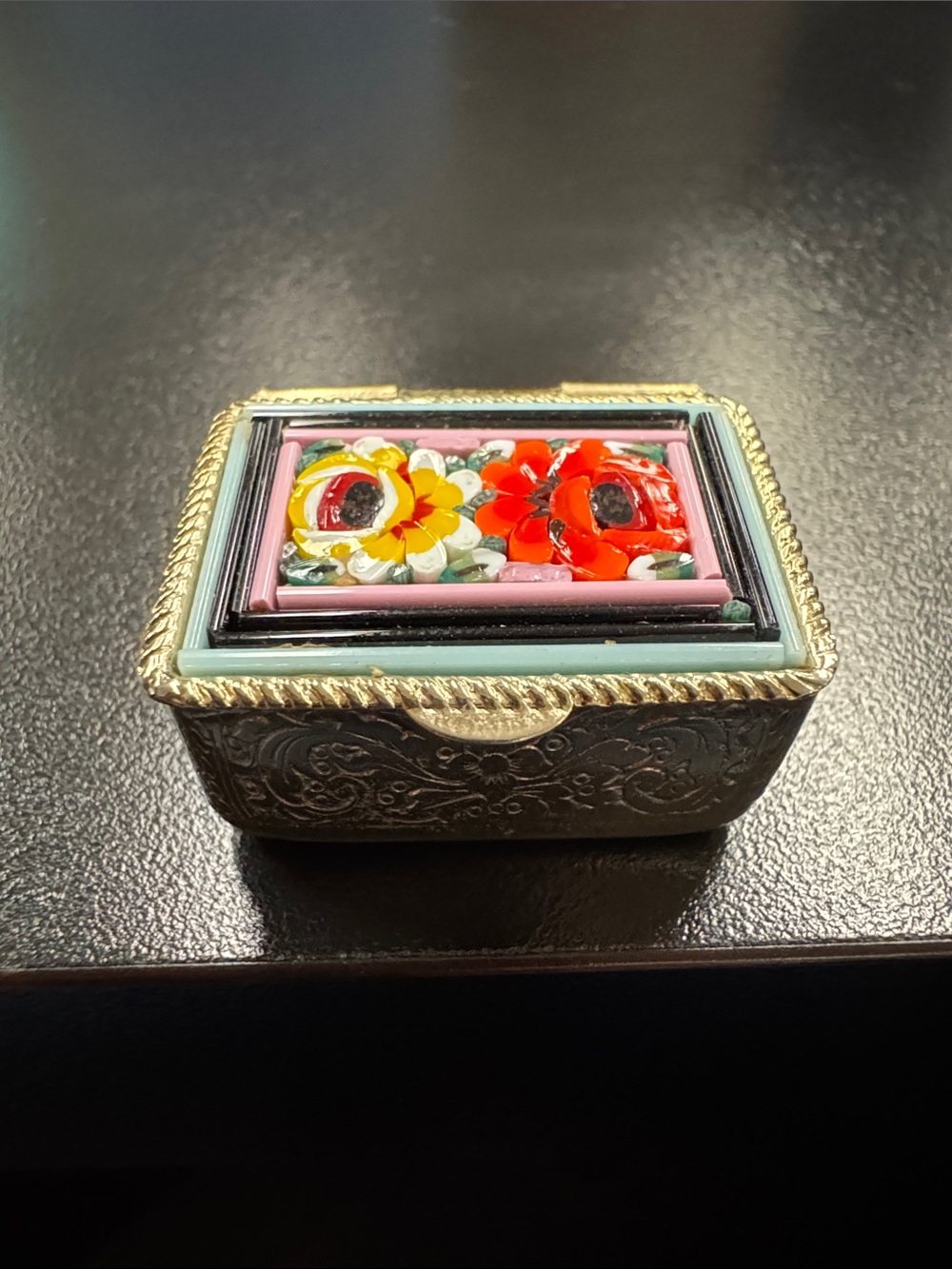 Micromosaic Pillbox Floral Gold Mini Hand Crafted Collection Box - Vintage